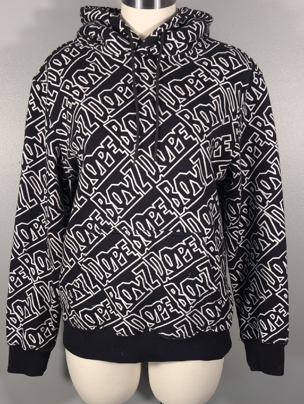 Dope Black And White All-Over Logo Crewneck Hooded Sweatshirt, S.